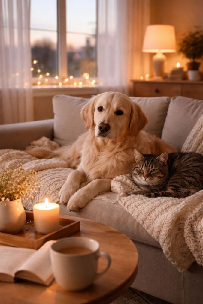 Dog and cat resting together on a cozy sofa during a calm evening at home